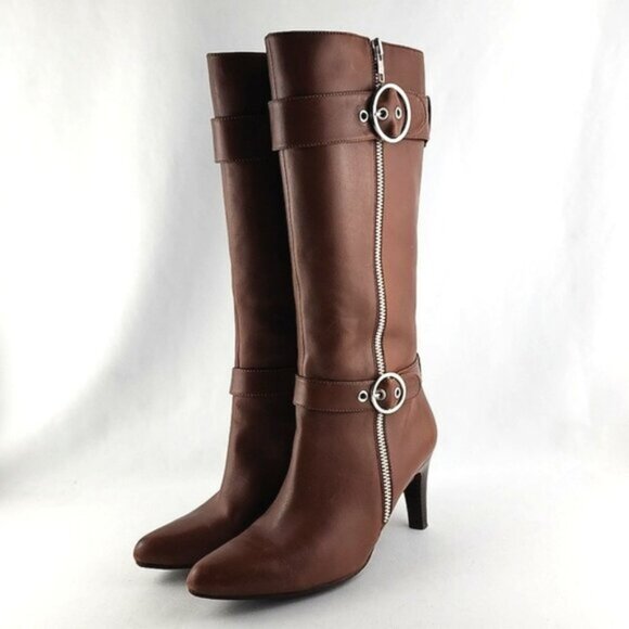 ECCO Tall Tan Brown Leather Heeled Boots Strap  Buckle Zip Feature Size 37 - Picture 4 of 16